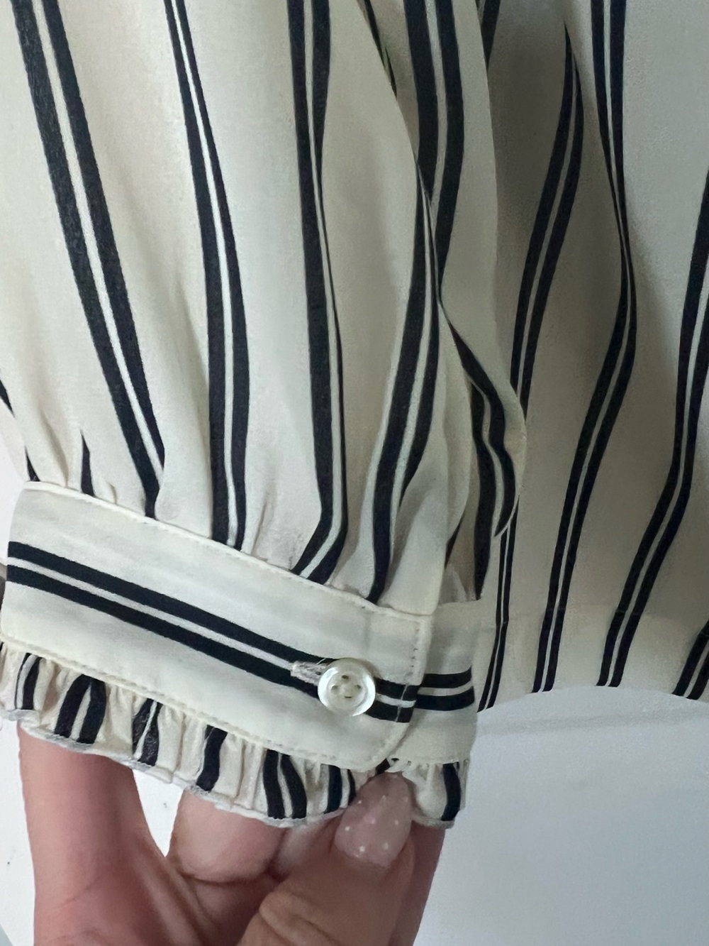 J. Crew White Off-Shoulder Blouse with Black Stripes and Navy Bow - Picture 4 of 5